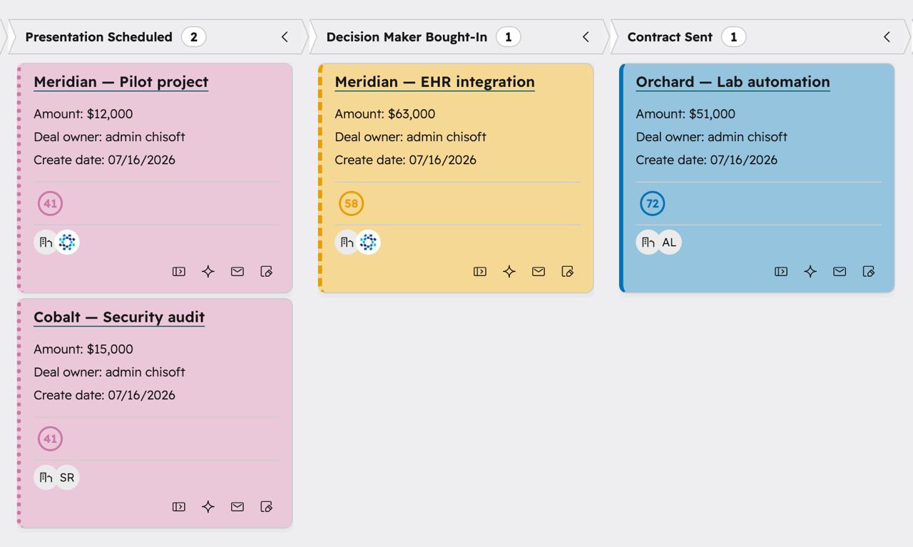 HubSpot Deals board recoloured with the universal colour-blind safe palette