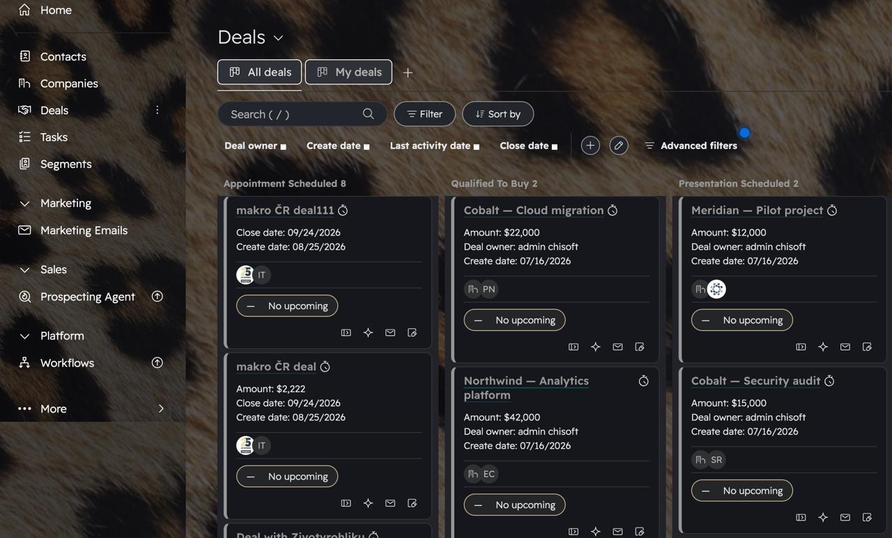 HubSpot Deals board in dark mode with the dark leopard theme