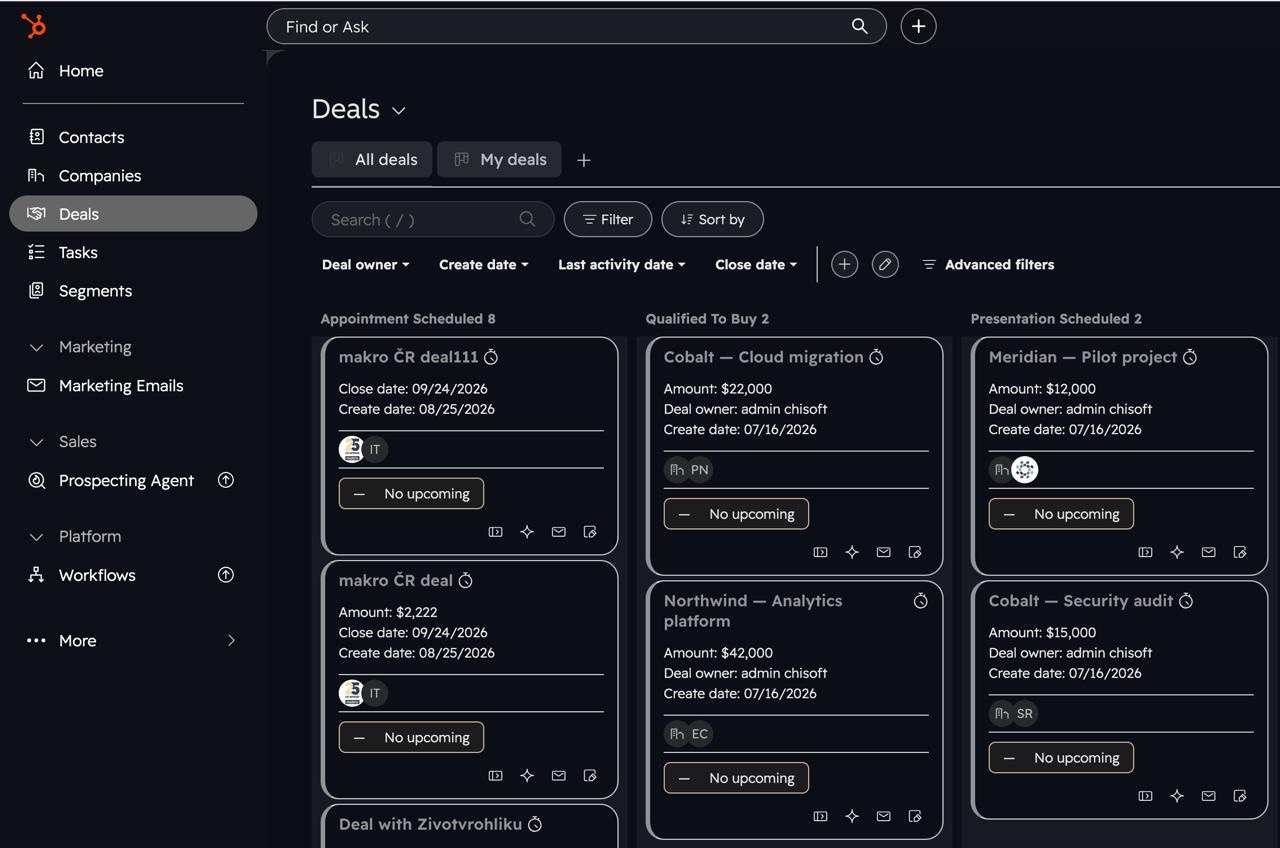 HubSpot Deals board in Colored HubSpot dark mode