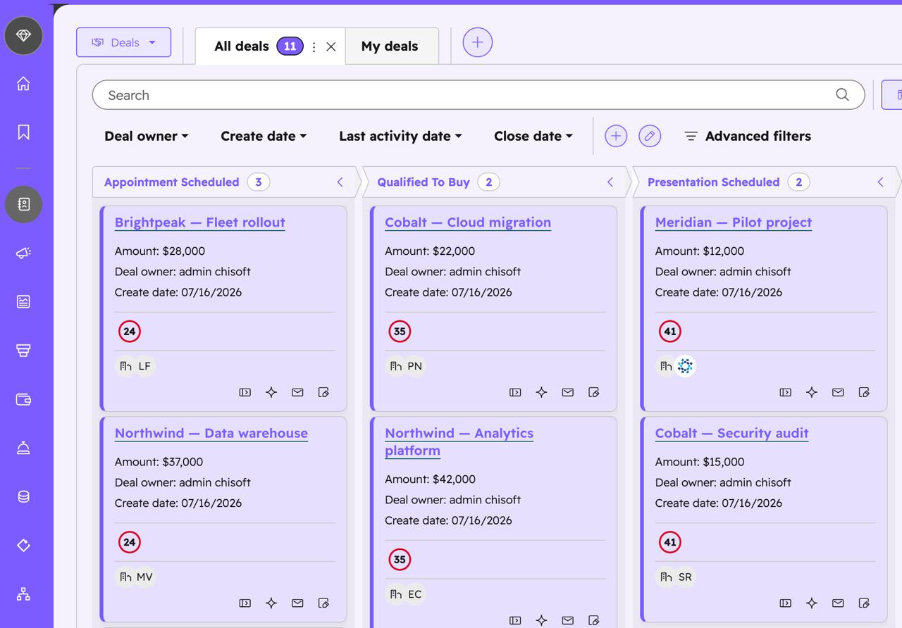HubSpot Deals board recoloured with a purple accent and tinted columns
