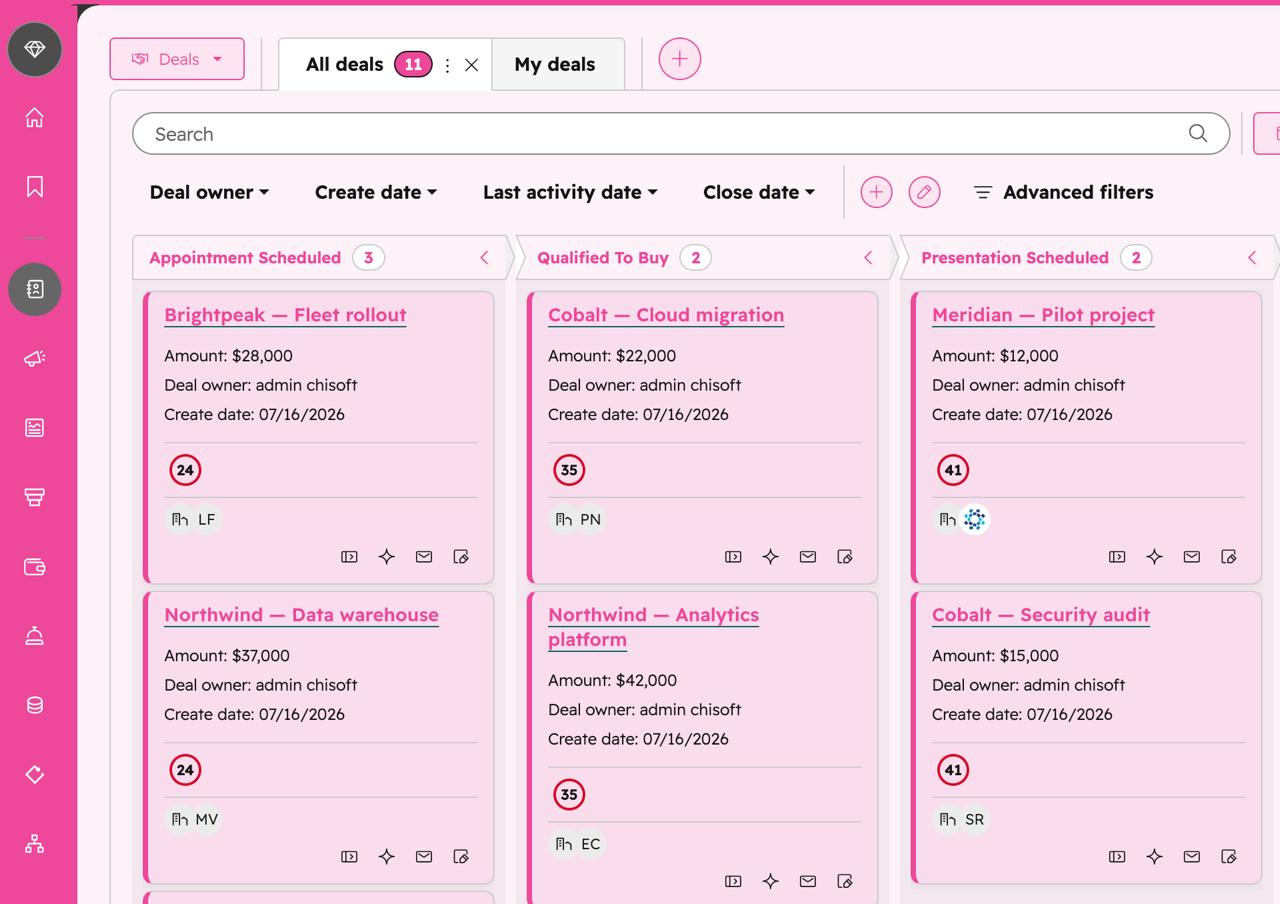 HubSpot Deals board with a bold pink accent