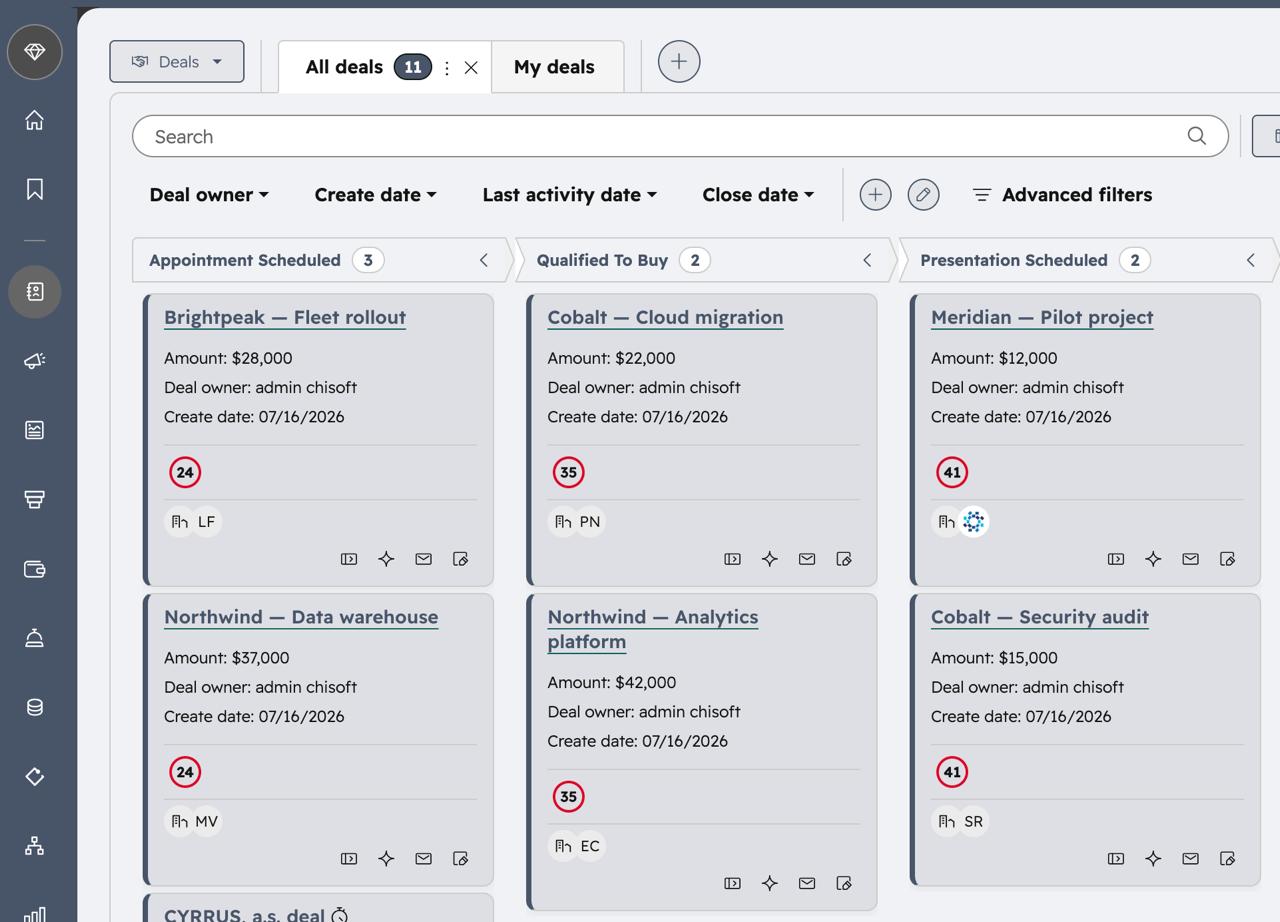 HubSpot Deals board with a calm slate accent